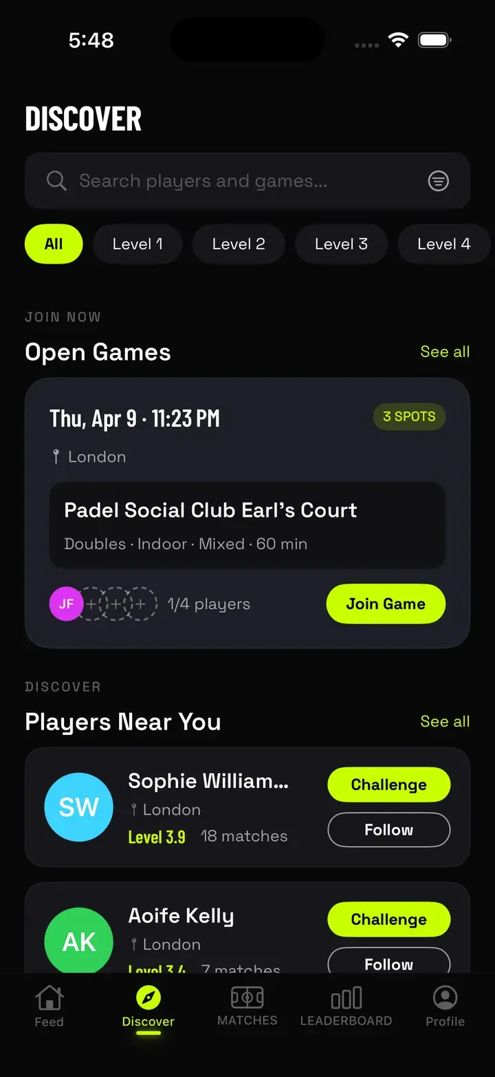 PADLR. discover screen listing open games and players nearby