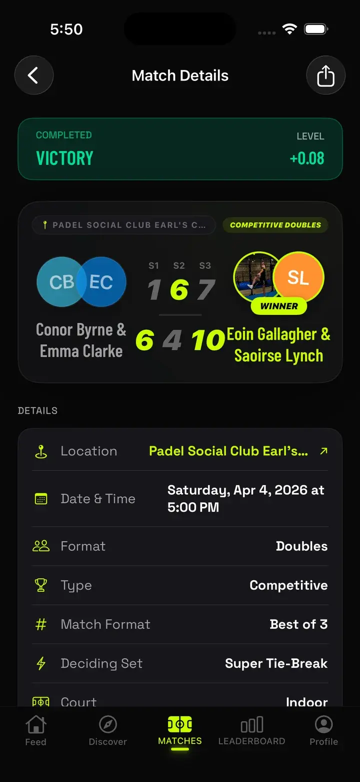PADLR. match details showing a doubles victory and rating change