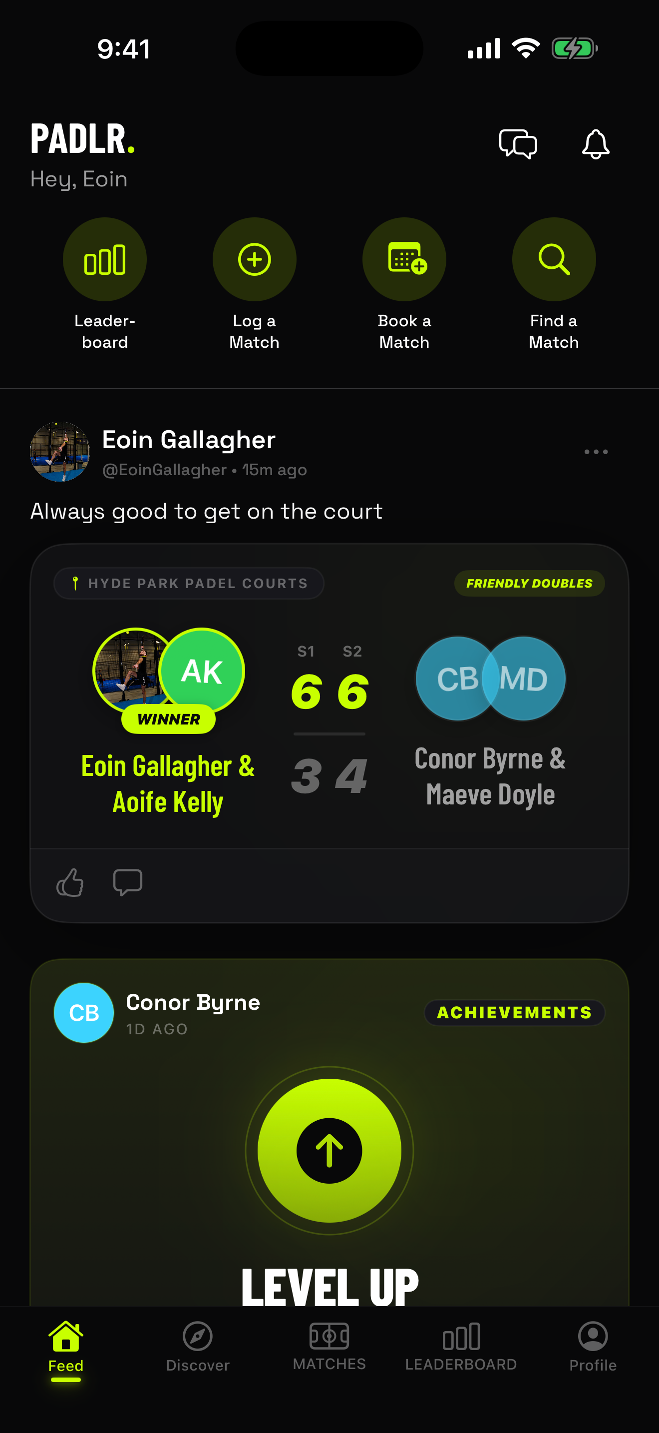 The PADLR. app feed, showing a confirmed doubles match between four players and a level-up achievement